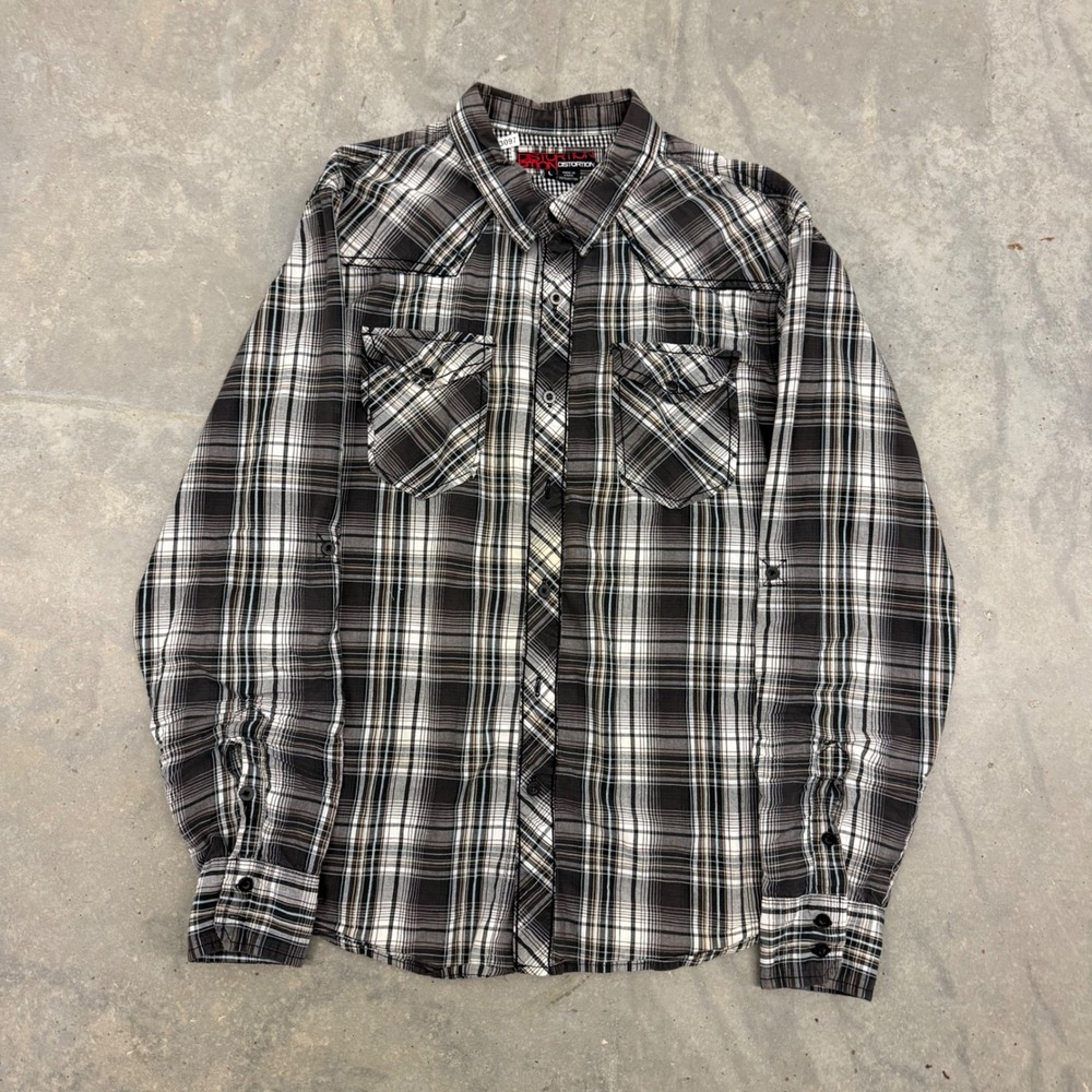 Y2K Mens Distortion Plaid Western Button Up Shirt Grunge Skater Large - Picture 2 of 8